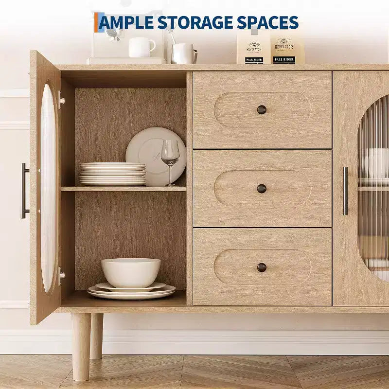 Buffet de 120 cm, naturel/blanc, portes en verre cannelé, 3 tiroirs – 1 personne