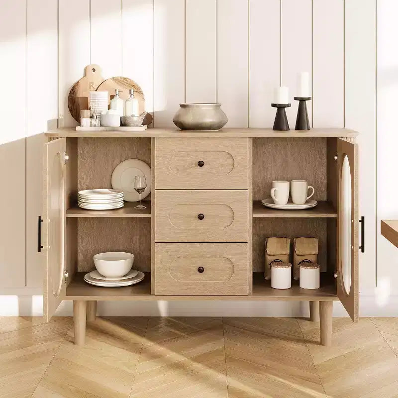 Buffet de 120 cm, naturel/blanc, portes en verre cannelé, 3 tiroirs – 1 personne