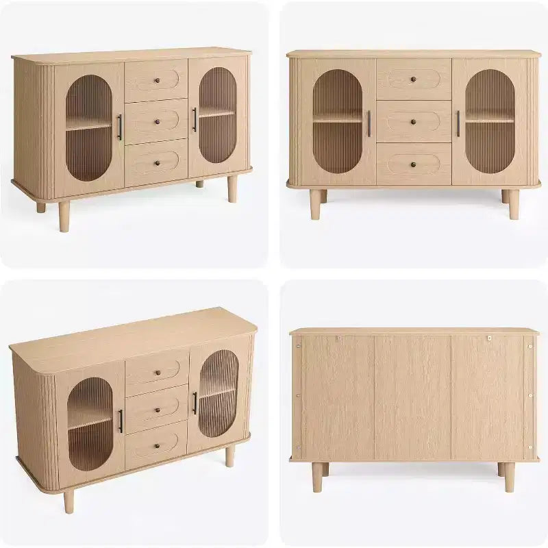 Buffet de 120 cm, naturel/blanc, portes en verre cannelé, 3 tiroirs – 1 personne