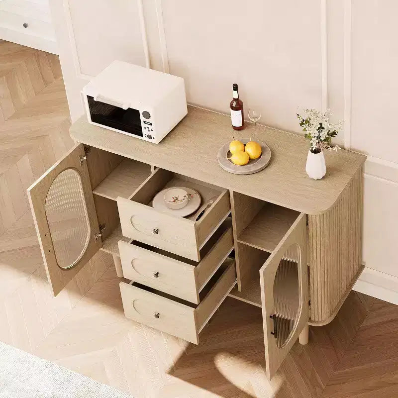 Buffet de 120 cm, naturel/blanc, portes en verre cannelé, 3 tiroirs – 1 personne