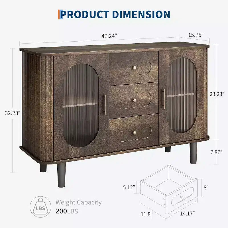 Buffet de 120 cm, naturel/blanc, portes en verre cannelé, 3 tiroirs – 1 personne