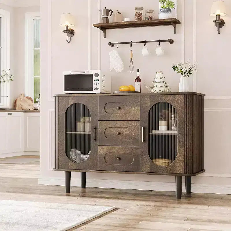 Buffet de 120 cm, naturel/blanc, portes en verre cannelé, 3 tiroirs – 1 personne