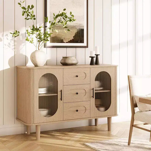 47.2 Sideboard Cabinet with 2 Fluted Glass Doors & 3 Drawers, Modern Farmhouse Accent cabinet with Adjustable Shelves for Kitchen, Living Room