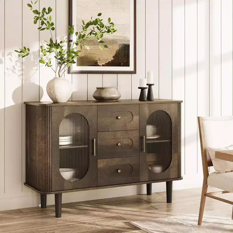 Buffet de 120 cm, naturel/blanc, portes en verre cannelé, 3 tiroirs – 1 personne