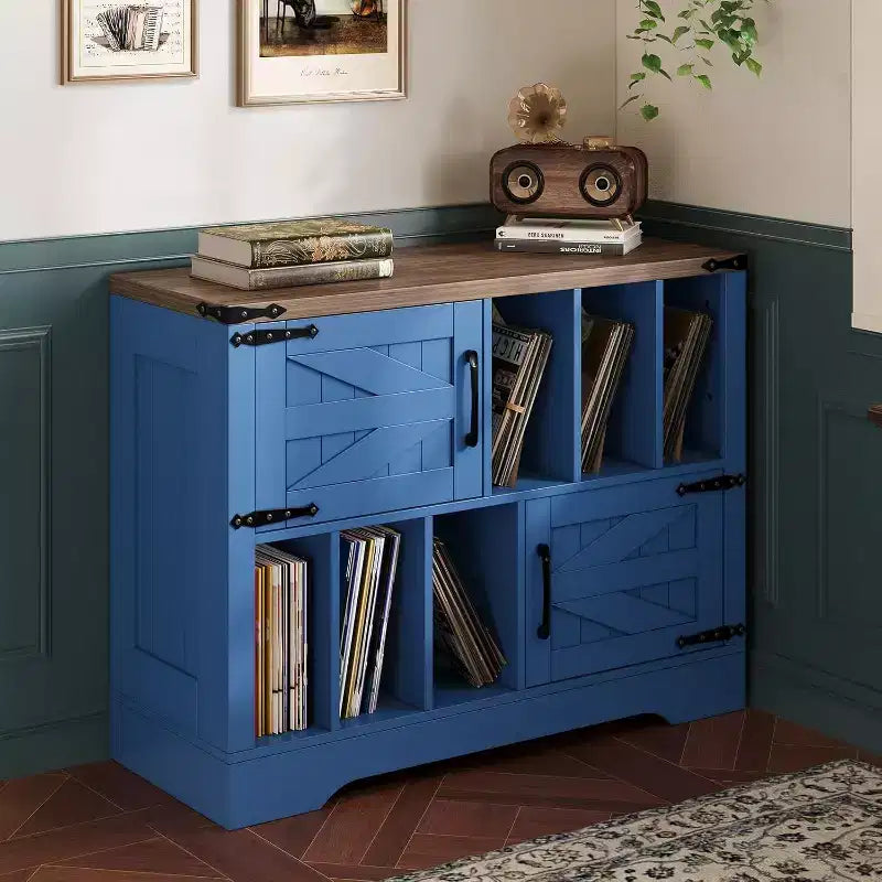 Meuble de rangement pour disques vinyles en bois de ferme avec portes de grange et rangement pour vinyles, support de platine vinyle moderne du milieu du siècle pour salon