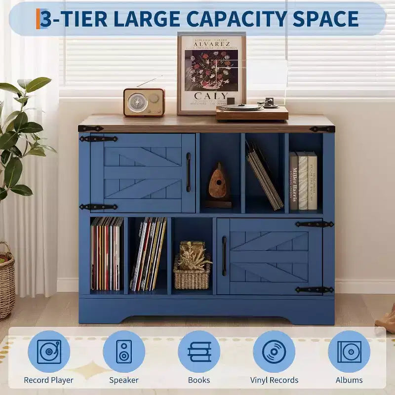 Meuble de rangement pour disques vinyles en bois de ferme avec portes de grange et rangement pour vinyles, support de platine vinyle moderne du milieu du siècle pour salon