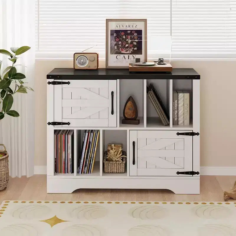 Meuble de rangement pour disques vinyles en bois de ferme avec portes de grange et rangement pour vinyles, support de platine vinyle moderne du milieu du siècle pour salon