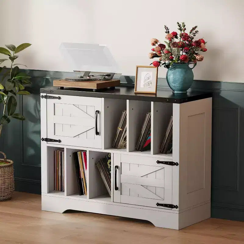 Meuble de rangement pour disques vinyles en bois de ferme avec portes de grange et rangement pour vinyles, support de platine vinyle moderne du milieu du siècle pour salon