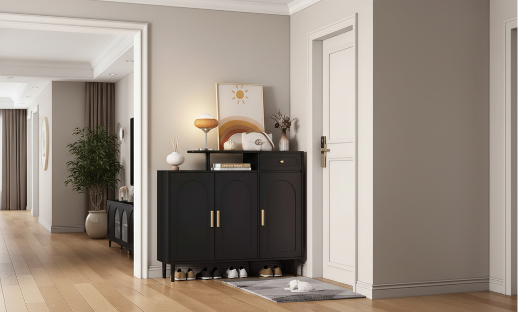 JVNOXK Stylish and elegant shoe cabinet, cream-colored storage sideboard with adjustable shelves and solid wood legs, black