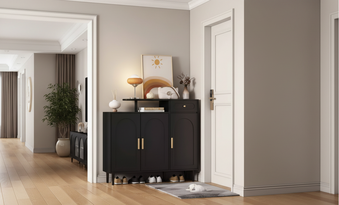 JVNOXK Stylish and elegant shoe cabinet, cream-colored storage sideboard with adjustable shelves and solid wood legs, black