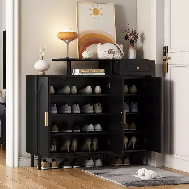 Meuble à chaussures à double porte noir crème avec étagère réglable et tiroir