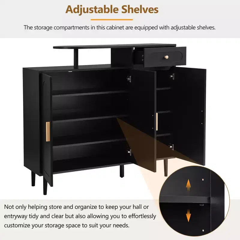 Meuble à chaussures à double porte noir crème avec étagère réglable et tiroir
