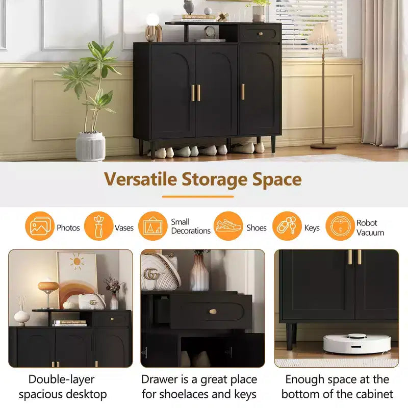 Meuble à chaussures à double porte noir crème avec étagère réglable et tiroir