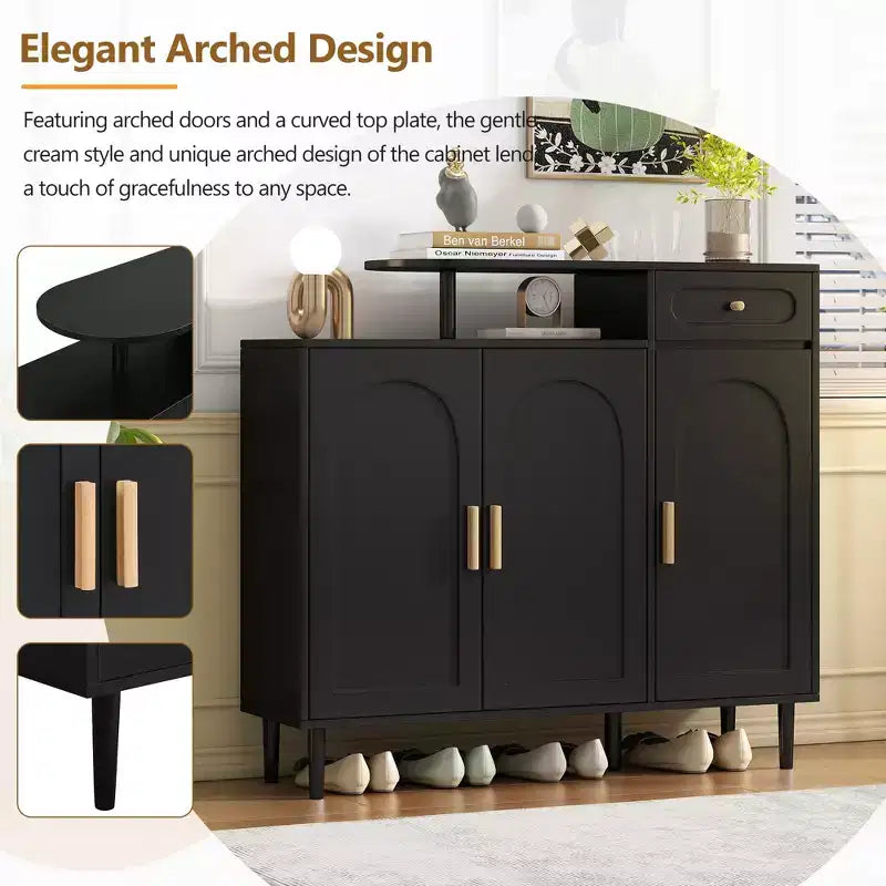 Meuble à chaussures à double porte noir crème avec étagère réglable et tiroir
