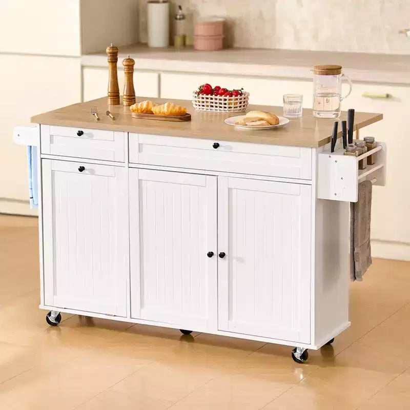 Desserte de cuisine blanche à roulettes avec abattant, H 35,5 po