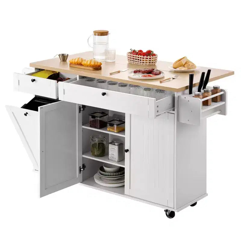 Desserte de cuisine blanche à roulettes avec abattant, H 35,5 po