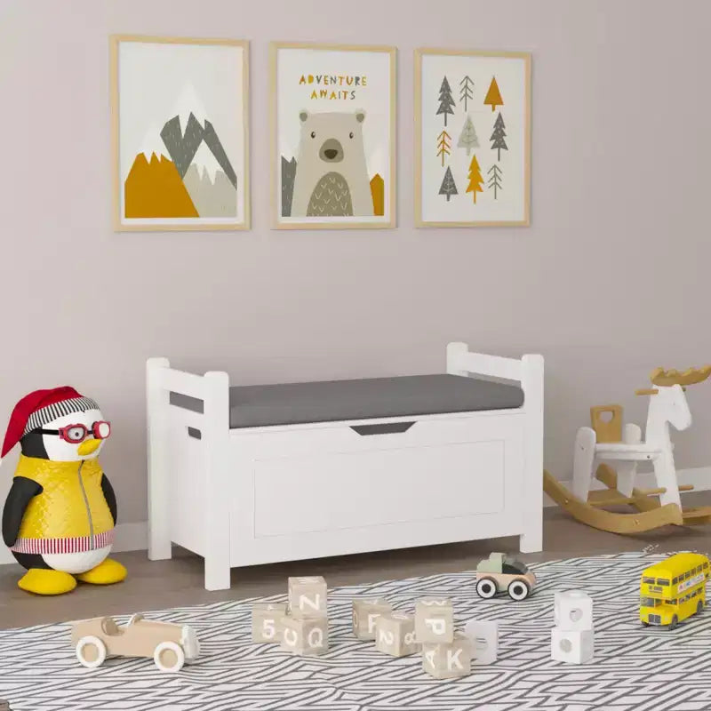 Coffre à jouets pour enfants, boîte à jouets blanche pour garçons et filles, grande armoire de rangement avec banc rembourré/couvercle rabattable/charnière de sécurité, coffre de rangement pour jouets