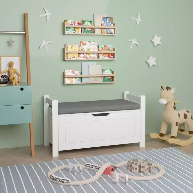 Coffre à jouets pour enfants, boîte à jouets blanche pour garçons et filles, grande armoire de rangement avec banc rembourré/couvercle rabattable/charnière de sécurité, coffre de rangement pour jouets