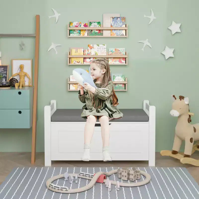 Coffre à jouets pour enfants, boîte à jouets blanche pour garçons et filles, grande armoire de rangement avec banc rembourré/couvercle rabattable/charnière de sécurité, coffre de rangement pour jouets