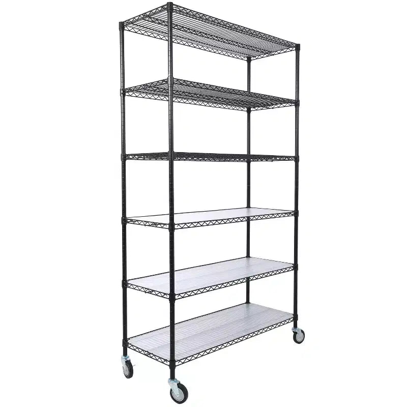 Étagère métallique robuste noire à 6 niveaux avec roulettes, 213 cm (H) x 122 cm (l)