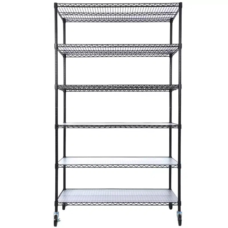 Étagère métallique robuste noire à 6 niveaux avec roulettes, 213 cm (H) x 122 cm (l)