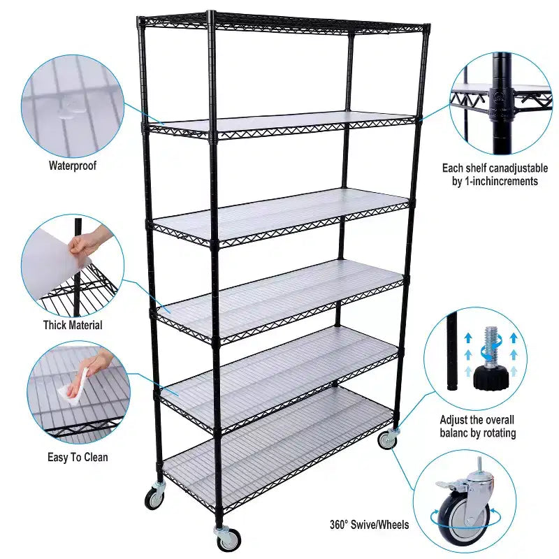 Étagère métallique robuste noire à 6 niveaux avec roulettes, 213 cm (H) x 122 cm (l)