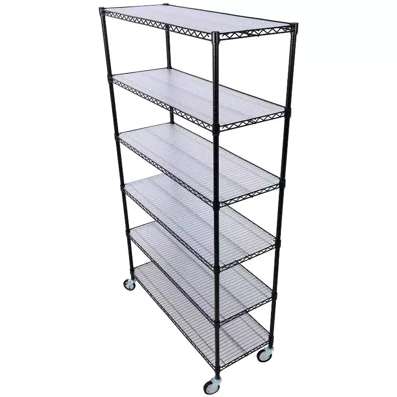 Étagère métallique robuste noire à 6 niveaux avec roulettes, 213 cm (H) x 122 cm (l)