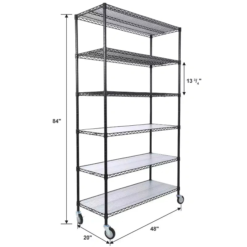 Étagère métallique robuste noire à 6 niveaux avec roulettes, 213 cm (H) x 122 cm (l)