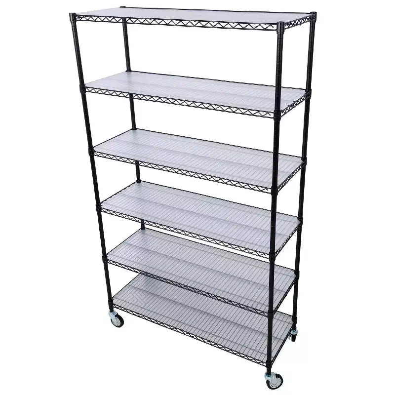 Étagère métallique robuste noire à 6 niveaux avec roulettes, 213 cm (H) x 122 cm (l)