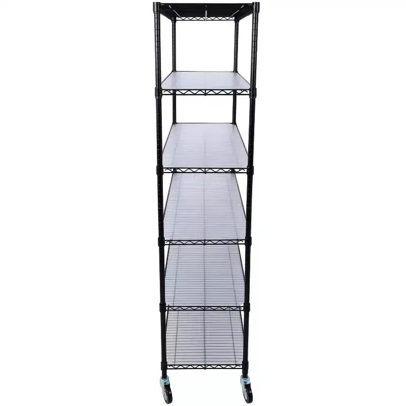 Étagère métallique robuste noire à 6 niveaux avec roulettes, 213 cm (H) x 122 cm (l)