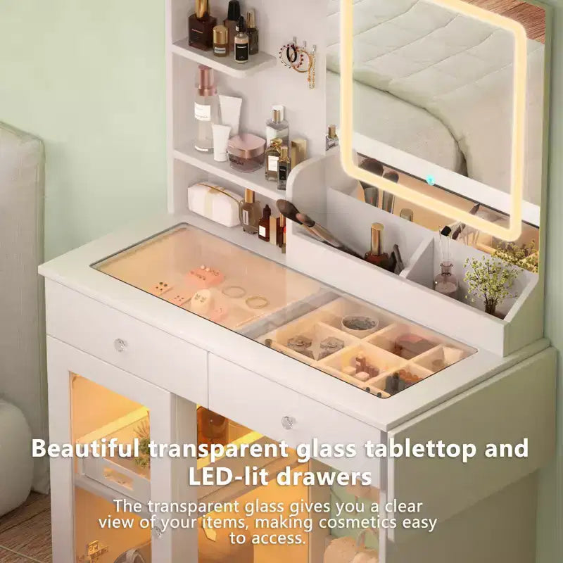Coiffeuse Okak avec tabouret de rangement et plateau en verre, coiffeuse avec 2 prises USB, table de maquillage pour salon, chambre, blanc