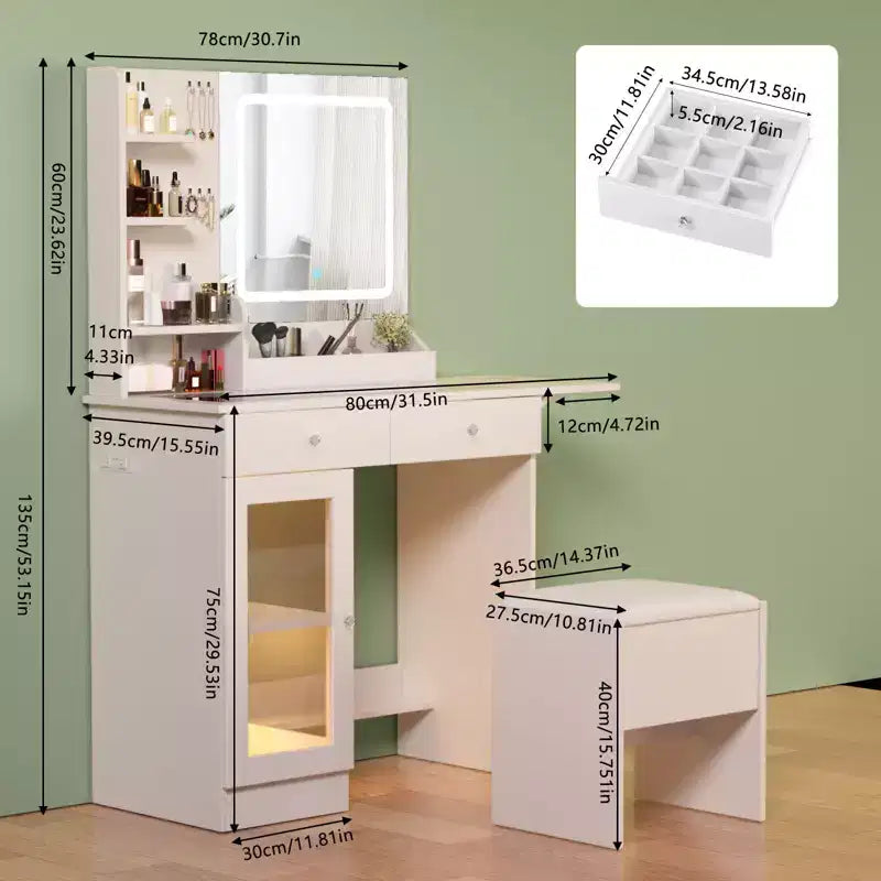Coiffeuse Okak avec tabouret de rangement et plateau en verre, coiffeuse avec 2 prises USB, table de maquillage pour salon, chambre, blanc