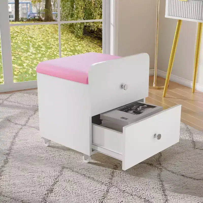 Tabouret de Coiffeuse avec Tiroir de Rangement et Roues Verrouillables, Chaise de Maquillage Carrée Rembourrée et Table d'Appoint pour Chambre, Salon ou Coiffeuse