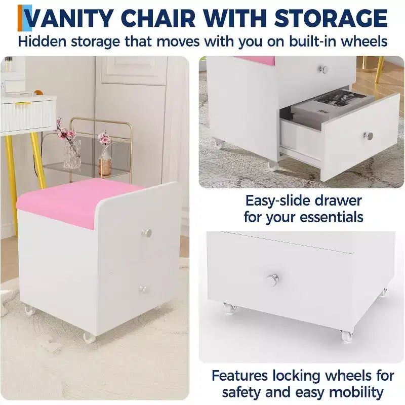 Tabouret de Coiffeuse avec Tiroir de Rangement et Roues Verrouillables, Chaise de Maquillage Carrée Rembourrée et Table d'Appoint pour Chambre, Salon ou Coiffeuse