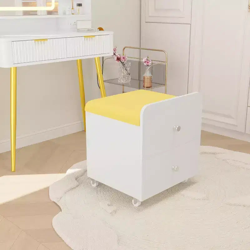 Tabouret de Coiffeuse avec Tiroir de Rangement et Roues Verrouillables, Chaise de Maquillage Carrée Rembourrée et Table d'Appoint pour Chambre, Salon ou Coiffeuse