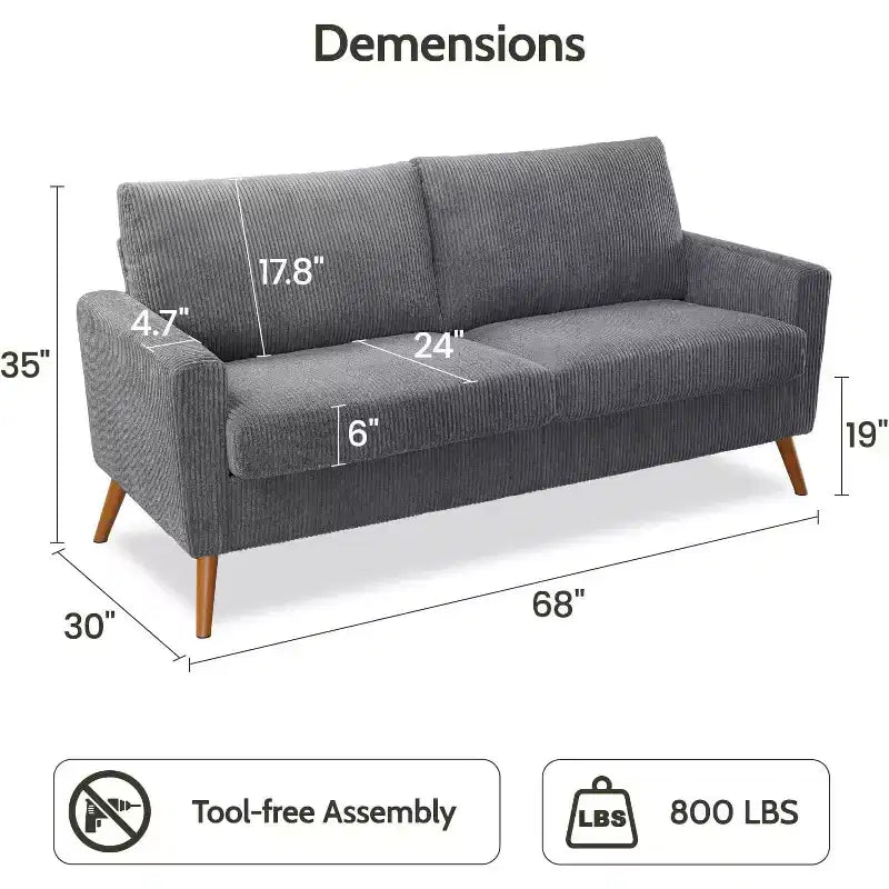 Dyonery Canapé deux places 68, Canapé moderne du milieu du siècle avec coussin à ressorts, cadre en bois massif, assemblage sans outils