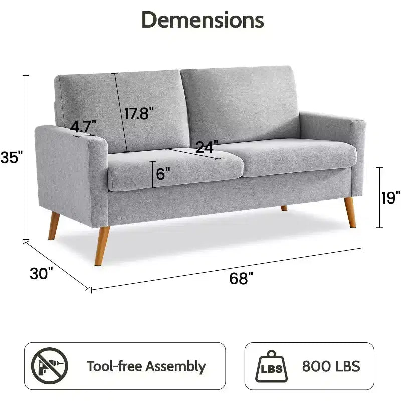 Dyonery Canapé deux places 68, Canapé moderne du milieu du siècle avec coussin à ressorts, cadre en bois massif, assemblage sans outils
