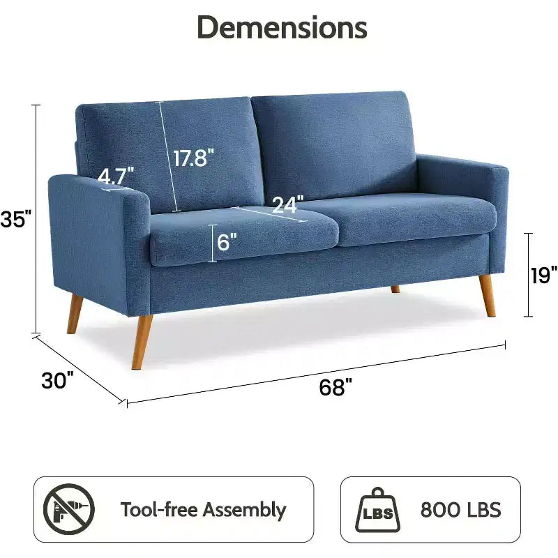 Dyonery Canapé deux places 68, Canapé moderne du milieu du siècle avec coussin à ressorts, cadre en bois massif, assemblage sans outils