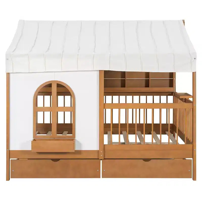 Lit de style maison Luxystar pleine grandeur avec 2 tiroirs, étagères de rangement éclairées, station de recharge, toit et barrières de sécurité