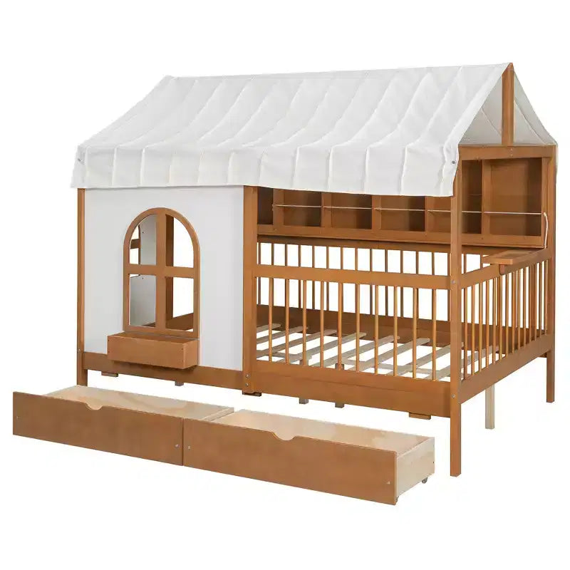 Lit de style maison Luxystar pleine grandeur avec 2 tiroirs, étagères de rangement éclairées, station de recharge, toit et barrières de sécurité