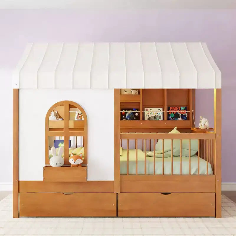 Lit de style maison Luxystar pleine grandeur avec 2 tiroirs, étagères de rangement éclairées, station de recharge, toit et barrières de sécurité