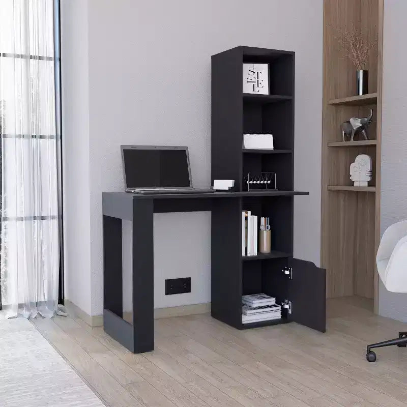 TUYOHW 25 Bureau d'ordinateur, Bureau à domicile avec bibliothèque à 4 niveaux, 1 armoire, grande surface de travail, bureau d'écriture pour chambre, étude, petits espaces