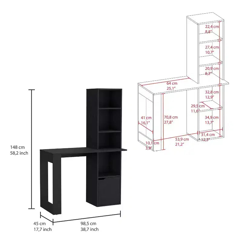 TUYOHW 25 Bureau d'ordinateur, Bureau à domicile avec bibliothèque à 4 niveaux, 1 armoire, grande surface de travail, bureau d'écriture pour chambre, étude, petits espaces