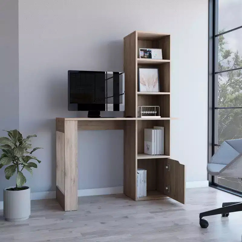 TUYOHW 25 Bureau d'ordinateur, Bureau à domicile avec bibliothèque à 4 niveaux, 1 armoire, grande surface de travail, bureau d'écriture pour chambre, étude, petits espaces