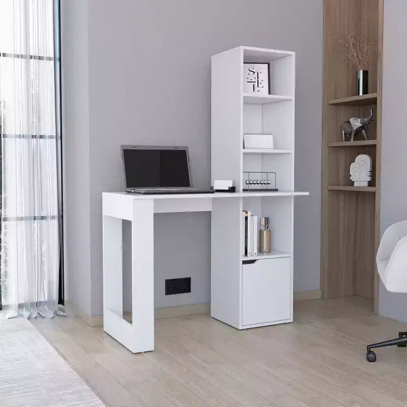 TUYOHW 25 Bureau d'ordinateur, Bureau à domicile avec bibliothèque à 4 niveaux, 1 armoire, grande surface de travail, bureau d'écriture pour chambre, étude, petits espaces