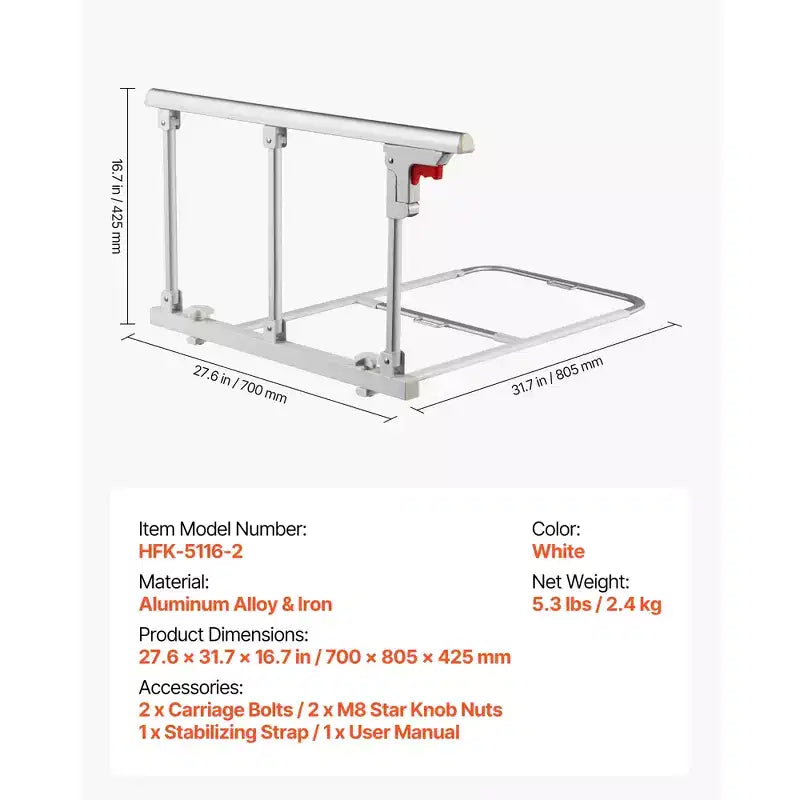Barrière de lit pliable VEVOR pour personnes âgées, rail d'assistance de chevet de 71 cm avec sangle de fixation, canne de chevet à hauteur réglable, métal haute résistance, blanc