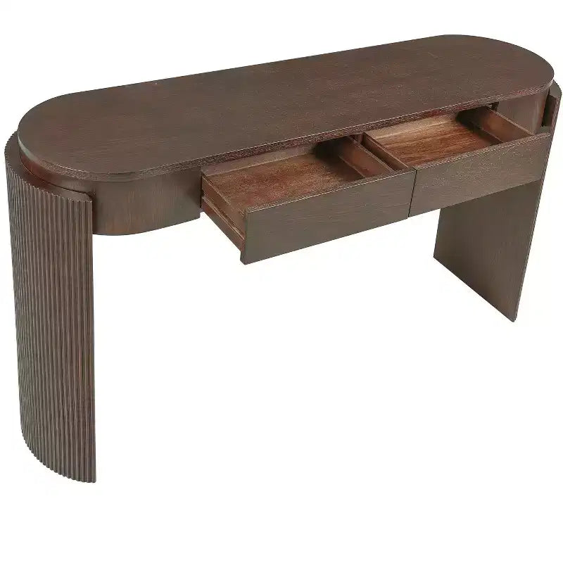 JVNOXK Console d'entrée avec plateau ovale et 2 tiroirs, finition grain de bois naturel cannelé, adaptée au salon, brun expresso
