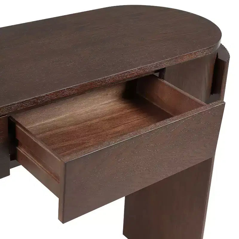 JVNOXK Console d'entrée avec plateau ovale et 2 tiroirs, finition grain de bois naturel cannelé, adaptée au salon, brun expresso