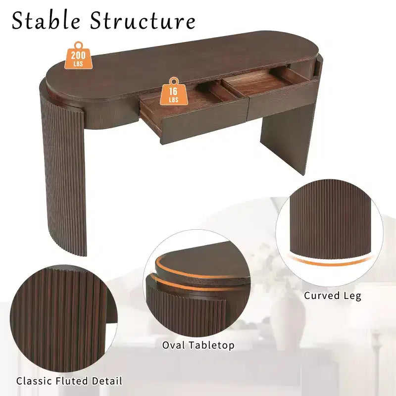 JVNOXK Console d'entrée avec plateau ovale et 2 tiroirs, finition grain de bois naturel cannelé, adaptée au salon, brun expresso