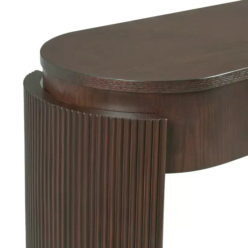 JVNOXK Console d'entrée avec plateau ovale et 2 tiroirs, finition grain de bois naturel cannelé, adaptée au salon, brun expresso
